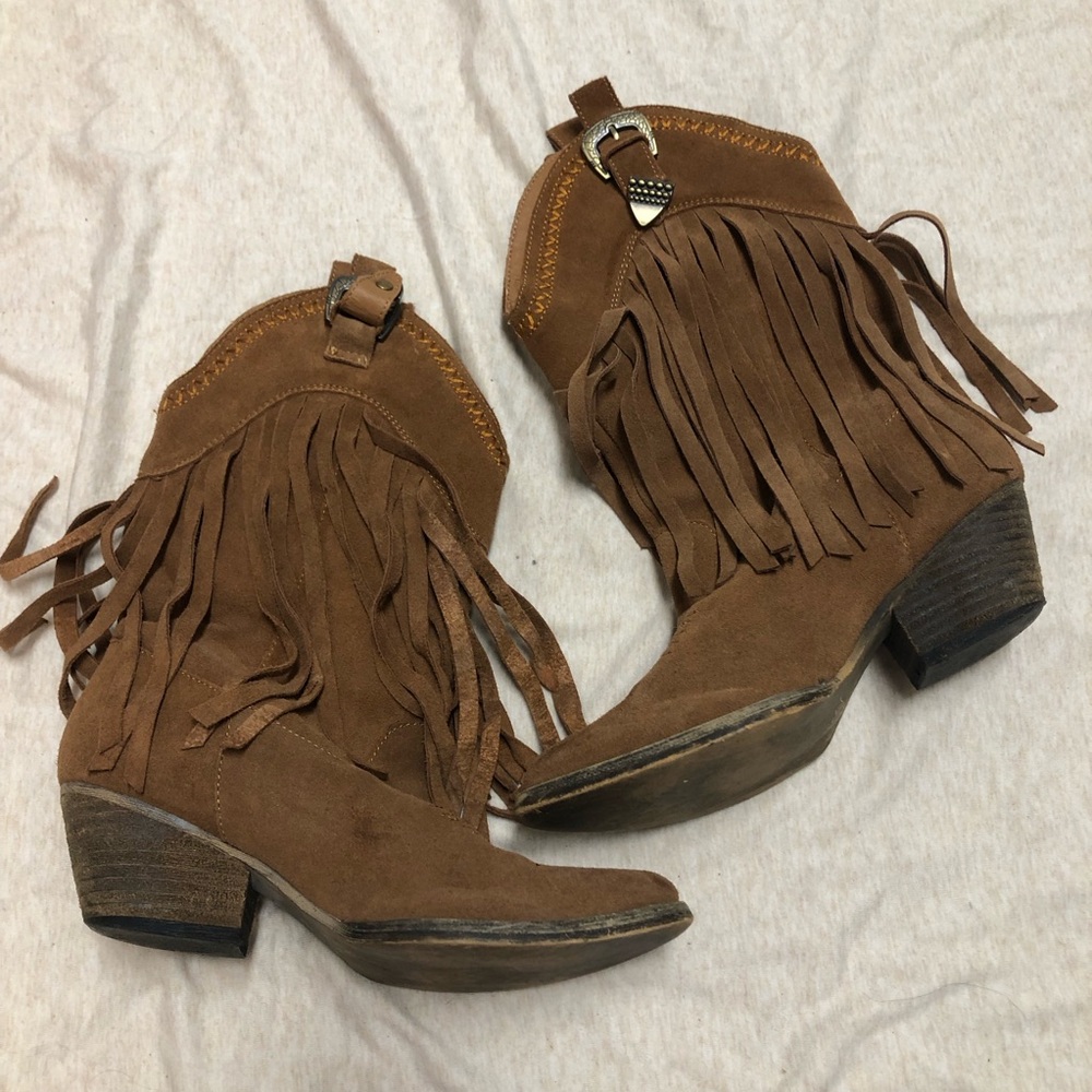 Very Volatile Leather Suede Fringe Boots Size 6.5 Western Festival Rodeo Cowboy - Picture 1 of 13
